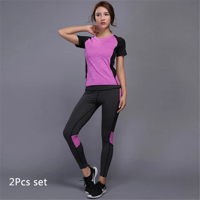 Purple 2Pcs set Женский комплект для бега, занятий йогой, футболка, спортивные костюмы, штаны для фитнеса, леггинсы, рубашка с коротким рукавом, комплекты для бега, одежда для спортзала и тренировок - Цвет: Purple 2Pcs set