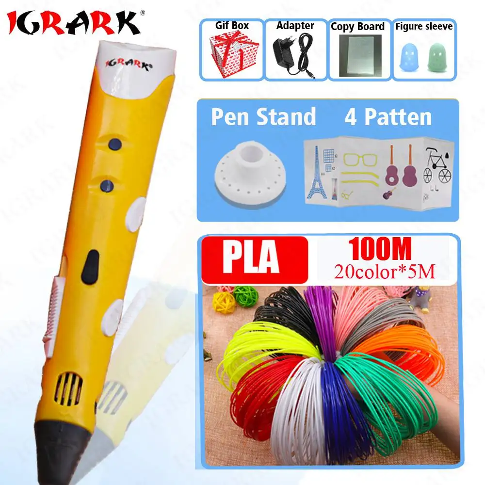 Yellow And Pla100 IGRARK 3D ручка креативный 3D печать ручки интеллект рисунок 3d принтер Ручка PLA Смарт 3d чертежные ручки лучший подарок для детей принтер - Цвет: Yellow And Pla100