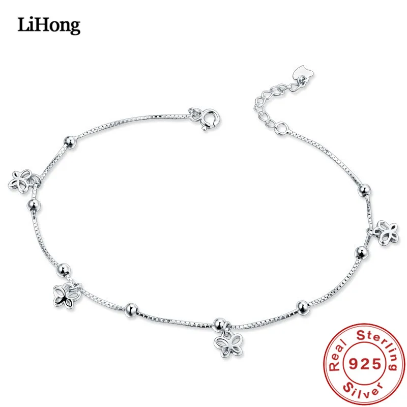 Solid 925 Silver Anklet Women Summer Fashion Trend Butterfly And Heart Shaped Pendant 100% 925 Sterling Silver Anklet Jewelry