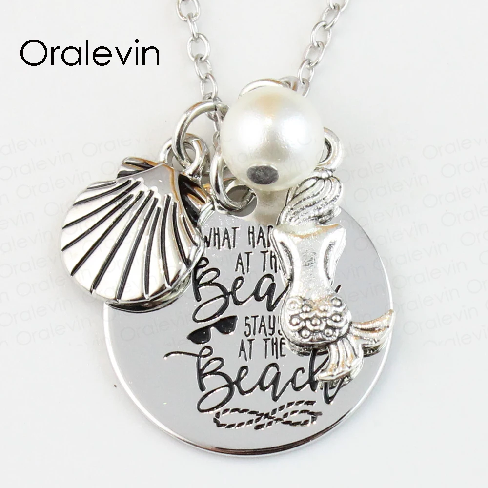 

Wholesale WHAT HAPPENS AT THE BEACH STAYS AT THE BEACH Engraved Disc Pendant Charms Necklace Lover Gift Jewelry 10Pcs/Lot,#LN106