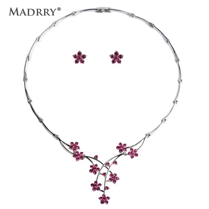 Madrry Bridal Wedding Jewelry Sets Necklace &amp Earrings Gold-color Red Rhinestone Collar Flower Brincos Female Party Schmuck | Украшения