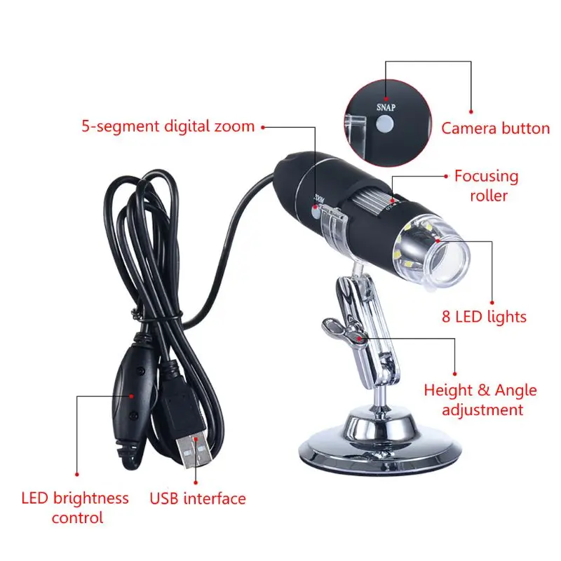 

1600X USB Digital Microscope Camera Endoscope 8LED Magnifier with Metal Stand