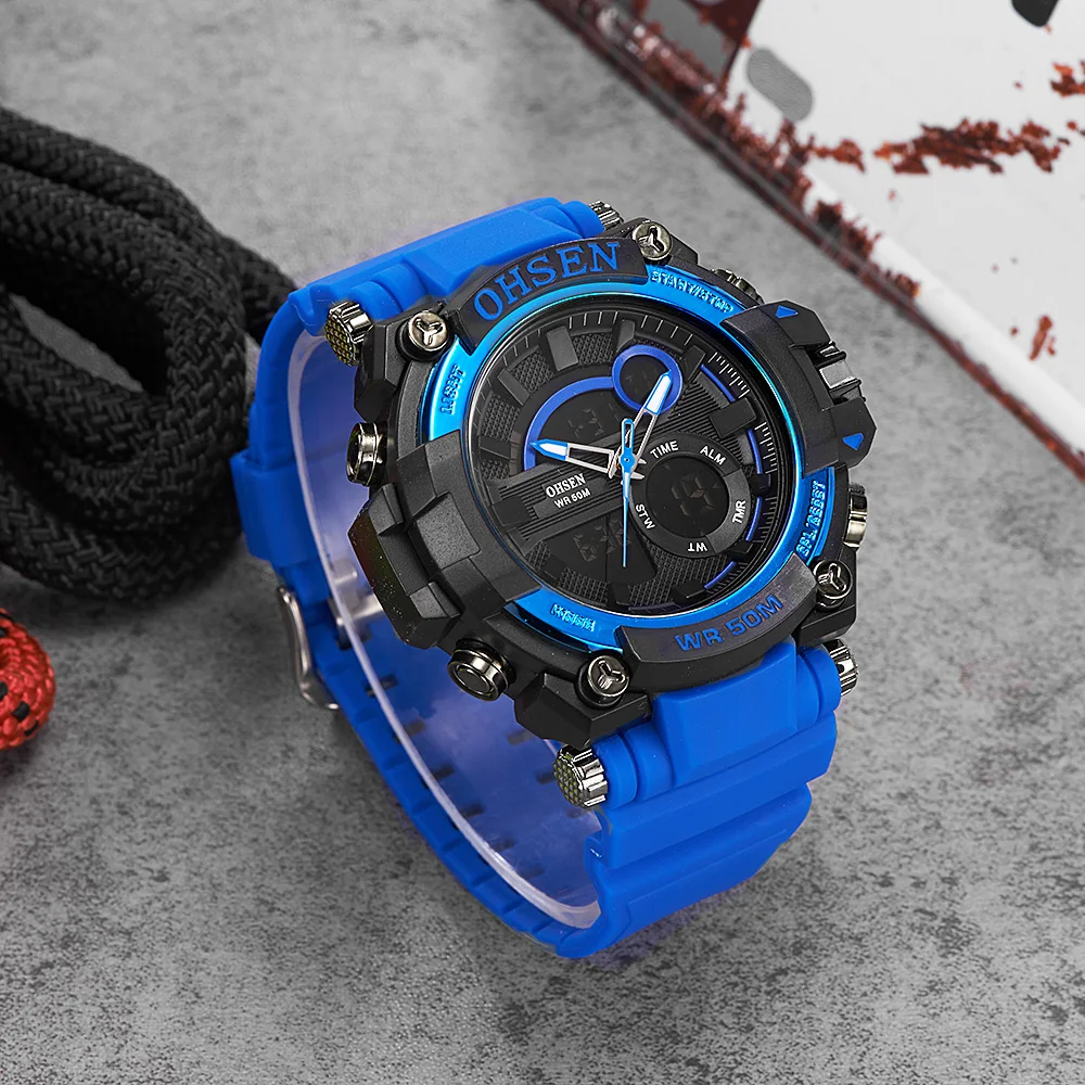 OHSEN LED цифровые кварцевые наручные часы мужские синие модные уличные спортивные
