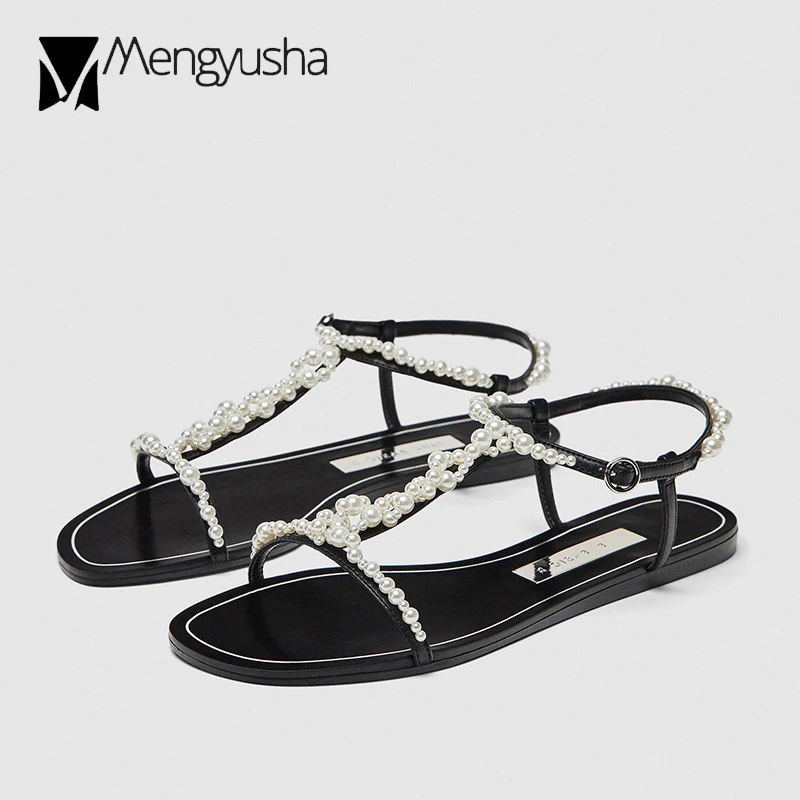 Известный бренд сандалии на плоской подошве с жемчужинами и бусинами женские