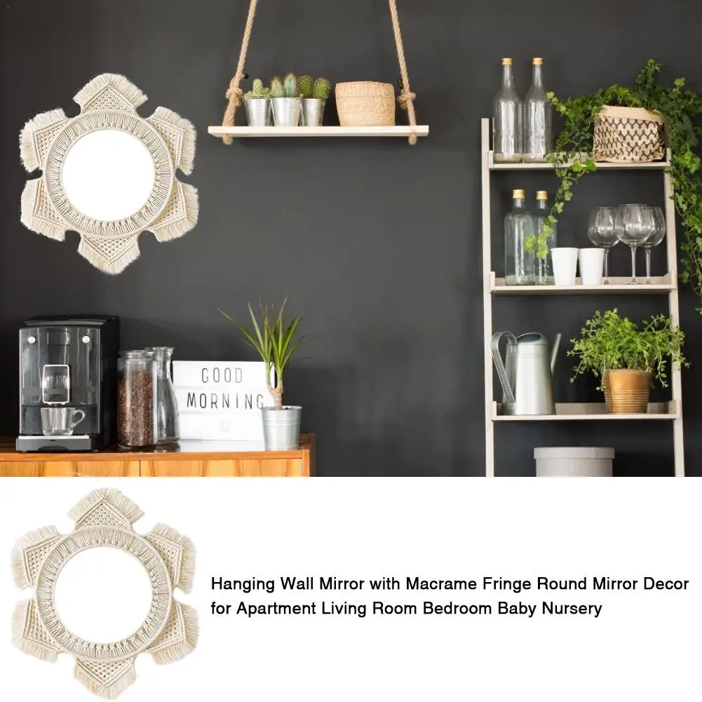 Настенное висячее зеркало с бахромой макраме косметическое туалетное круглое