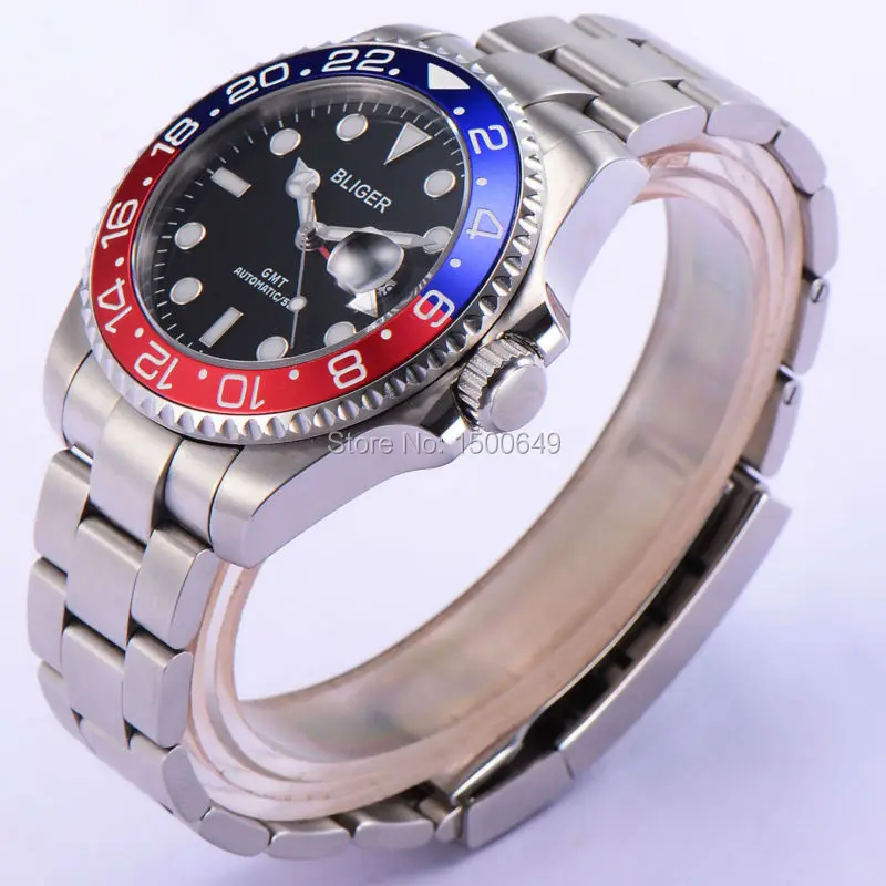 

Bliger black dial 43mm red GMT Sapphire Glass Titanium Bezel Automatic Men's Watch 1874