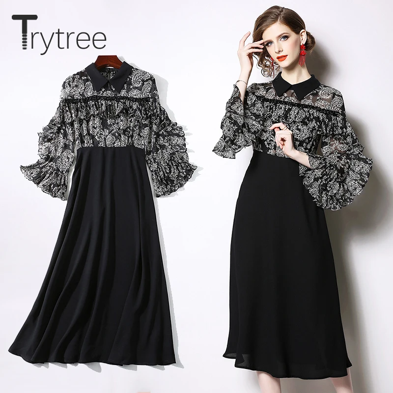 Trytree лето осень Повседневное платье с принтом бабочки расклешенными рукавами