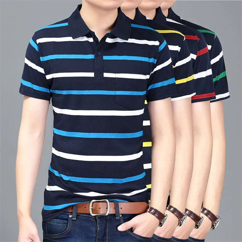 Летняя новая Мужская хлопковая футболка с коротким рукавом отворотом в полоску
