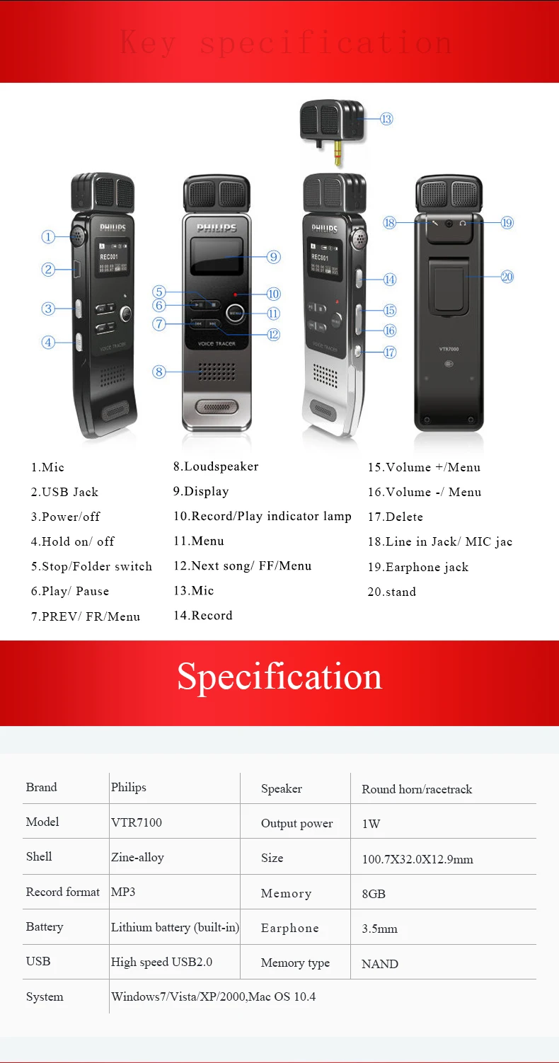 Philips Профессиональный цифровой диктофон 8 Гб мини клип USB FM радио Телефон Запись 30 м дистанционное управление PCM