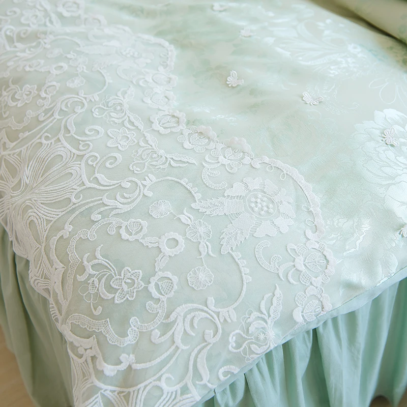 2019 White green princess style 100% Cotton lace jacquard luxury wedding Bedding Set Duvet Cover Bed Linen skirt Pillowcases | Дом и сад