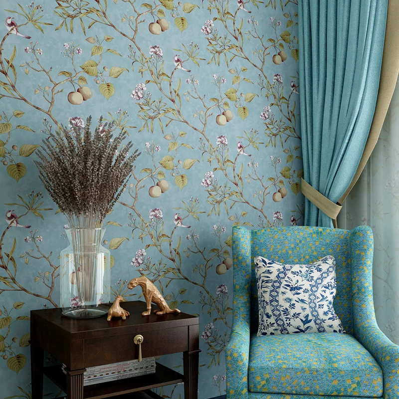 

wholesale American country wallpapers vintage nostalgic living room bedroom blue dark green flowers birds TV back wall paper