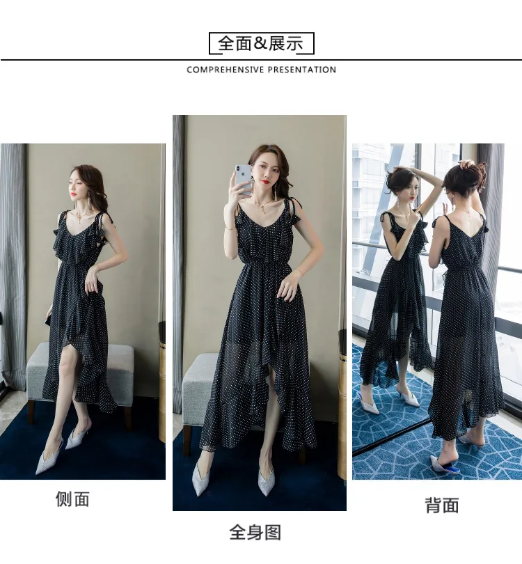 Шифоновое платье в горошек летнее приталенное с асимметричной талией стиле