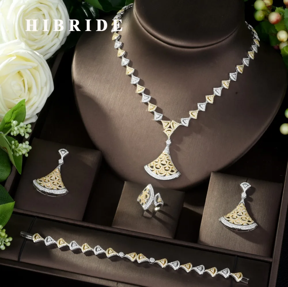 HIBRIDE,, нигерийские 4 шт., Свадебные Ювелирные наборы, веер в форме Дубаи, полный набор украшений для женщин, аксессуары для свадебной вечеринки, N-978