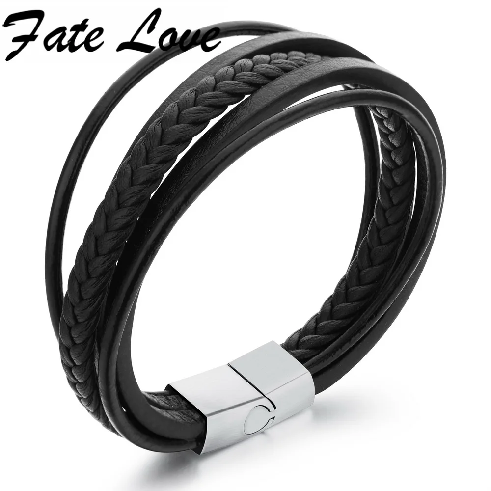 Fate Love, высокое качество, панк, двойной слой, Воловья кожа, браслеты, ручная работа, плетение, магнитная пряжка, мужской браслет, модные украшения, FL887