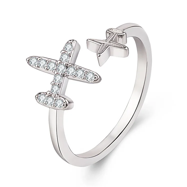 Cute Plane Jewelry Fly Series Ring Crytal Star Cubic Zircon Aircraft Airplane Finger Ring Travel Trip Jewelry Unique Design