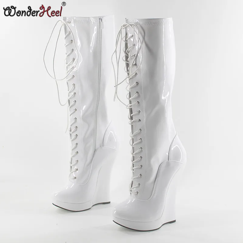 Wonderheel/Популярные лакированные белые сапоги до колена на очень высоком каблуке ", на танкетке 3 см, на платформе пикантные модные женские сапоги