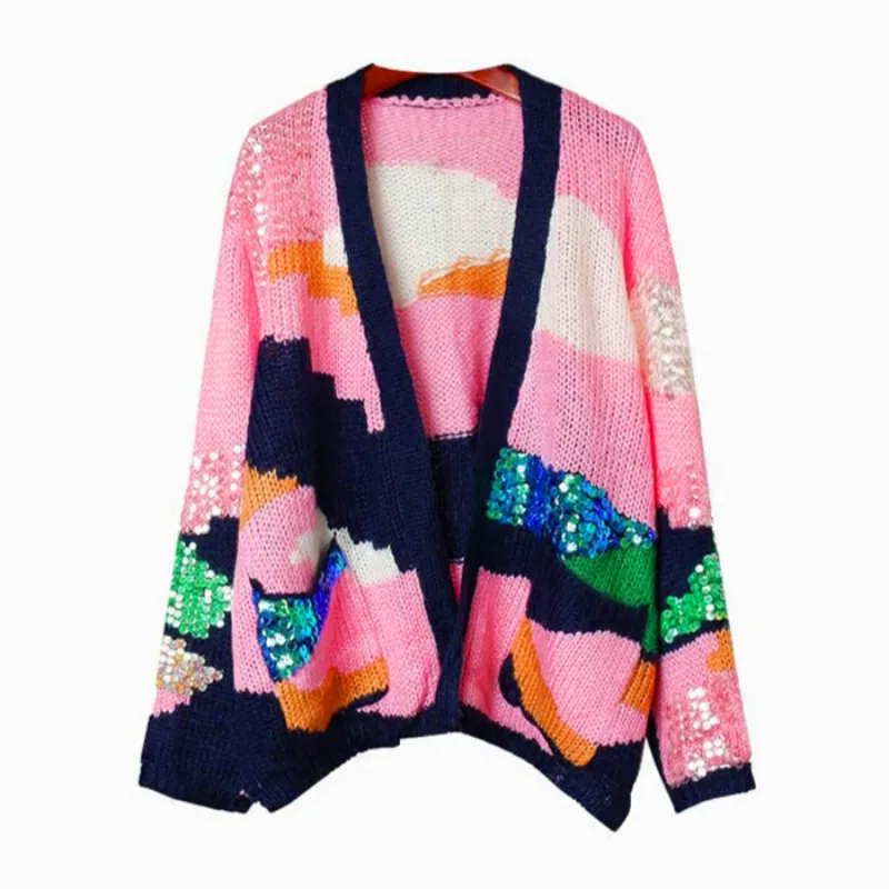 Женский трикотажный свитер с блестками длинным рукавом и карманами|runway sweater|cardigan