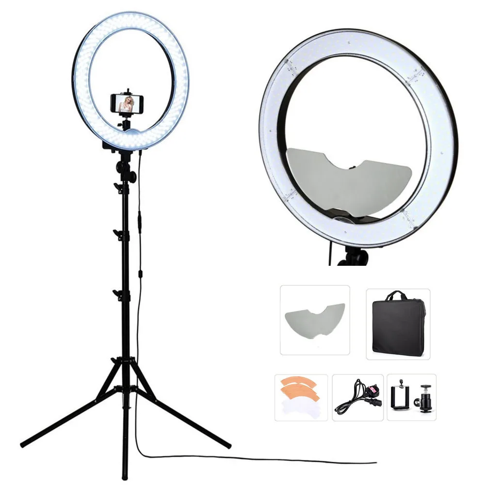Cadiso Studio Dimmable 18&quot 55W 5500K LED Camera Mirror Video Ring Light Kit with 2M Stand Color Filer Carry Bag for Makeup Photo |