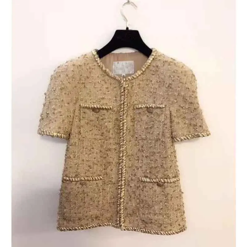 Cosmicchic Женский комплект из 2 предметов, короткий рукав, твидовая куртка, золотая линия, пальто с круглым вырезом и карманом, элегантная дизайнерская подиумная короткая юбка