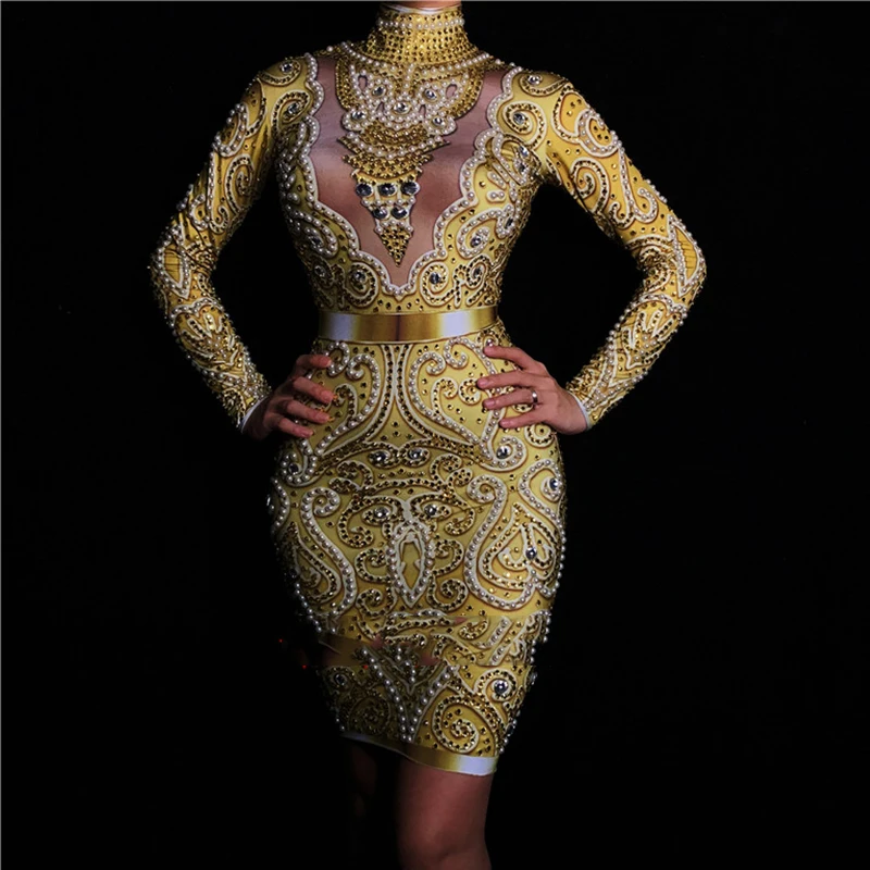 Fashion Rhinestones Pearls Dress Long Sleeves Women's Gold Female Singer Clothes Birthday Celebrate Evening DWY1383 | Тематическая