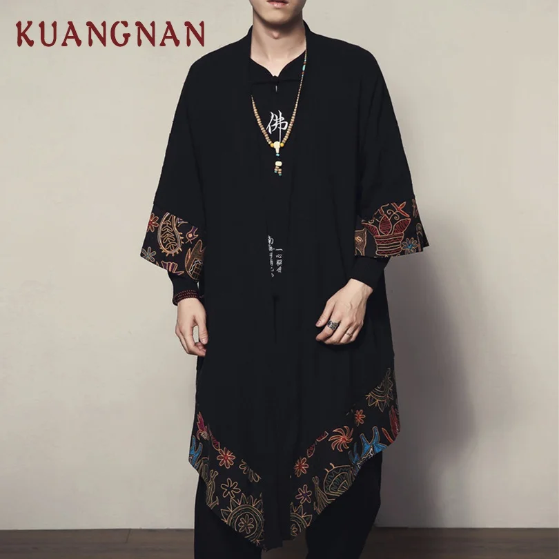 Мужская длинная рубашка кимоно KUANGNAN черная в китайском стиле 2019|Повседневные