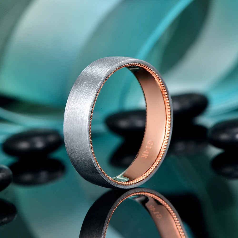 CaiMao Solid 14k розовое и белое золото сатин готовой Milgrain Свадебный ремешок для мужчин