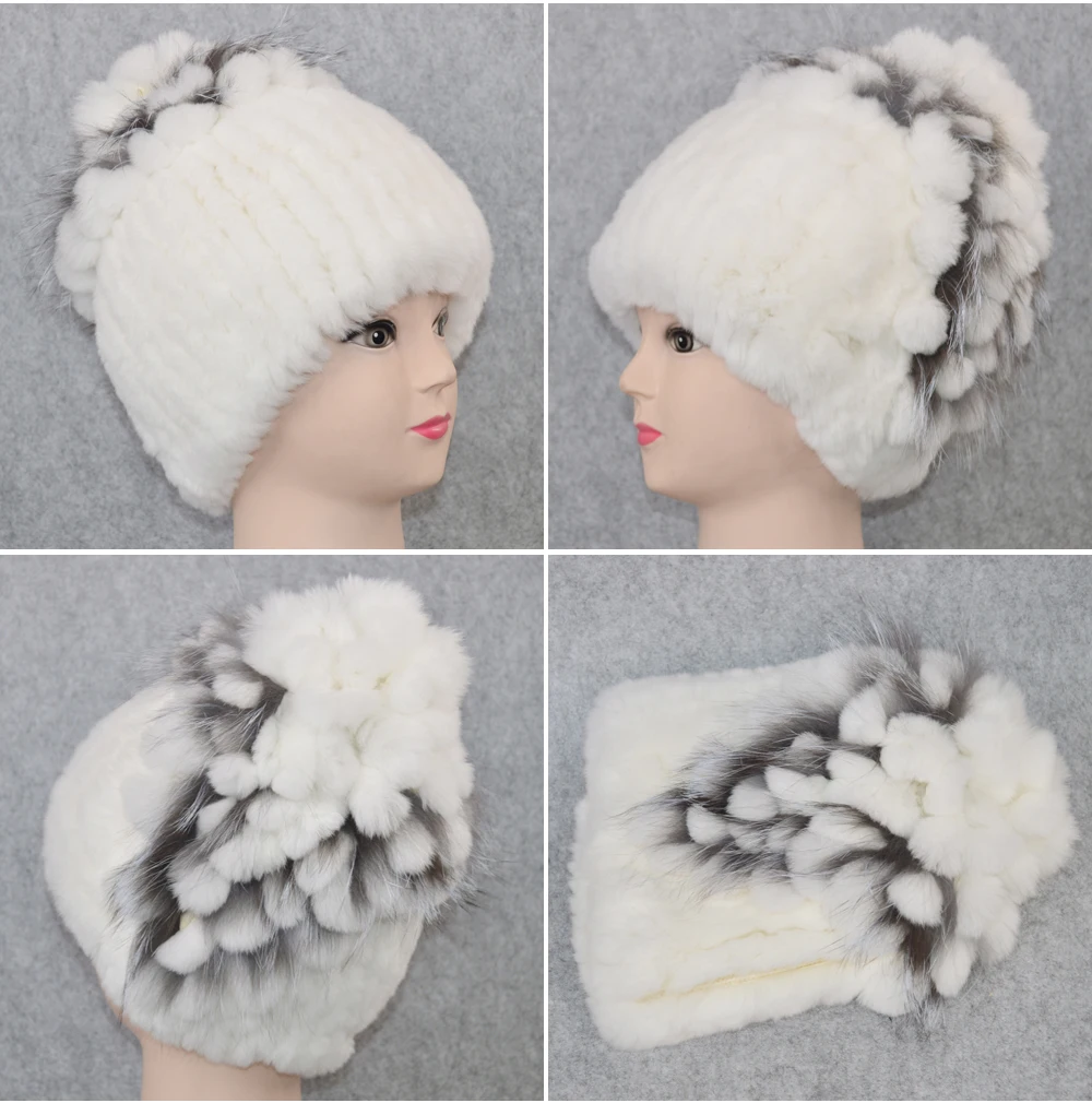 Новые женские шапки Настоящий мех кролика Skullies, роскошные эластичные вязаные цветочные шапки из натурального меха кролика Рекс, зимние шапки из натурального меха