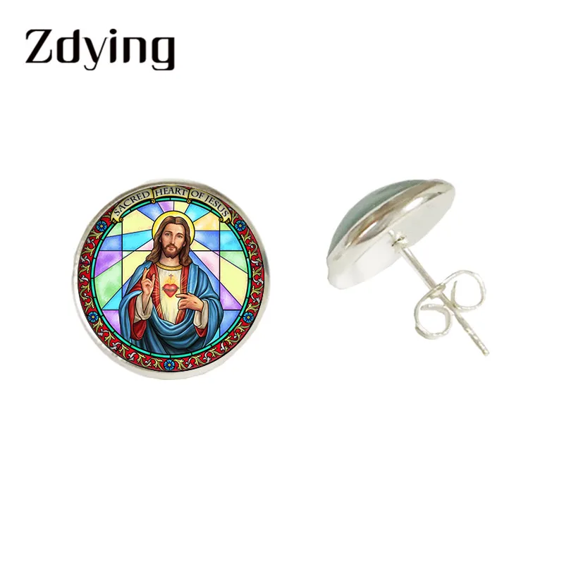 Серьги гвоздики ZDYING Christian religion Jesus стеклянные кабошоны с изображением Иисуса