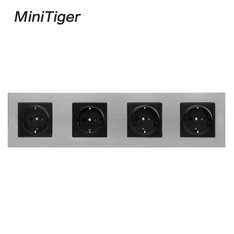 

Minitiger Stainless Steel Panel 4 Gang Wall Socket 16A EU Russia Spain Electrical Outlet Silver Black Child Protective Door