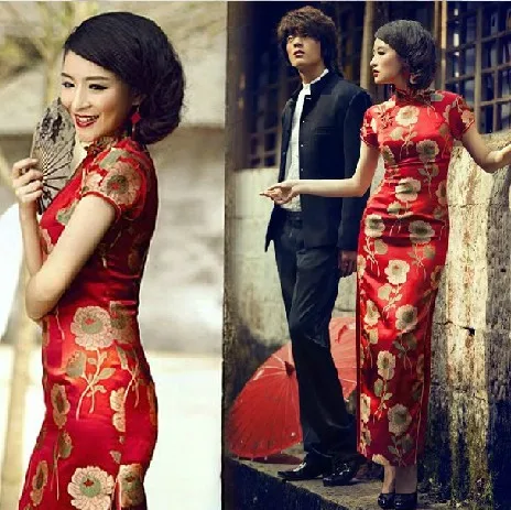 Сексуальная разрез cheongsam qipao пион птица печатных Шелковый бордовый атлас Винтаж