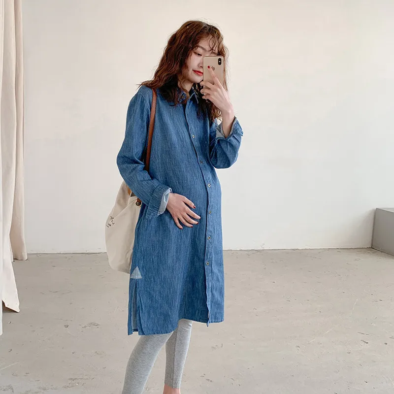 

Maternity Expectant Mother Clothing Pregnant women Loose Long Sleeve Denim Shirt Retro Long Blouse Pockets Single-Breasted Tops