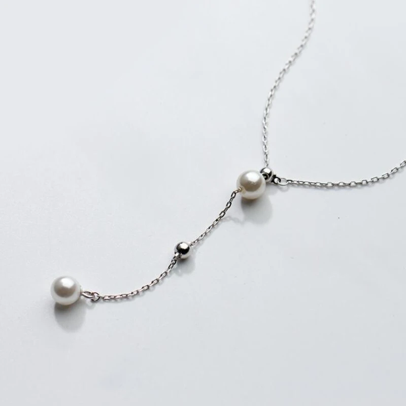 Женское длинное ожерелье из стерлингового серебра S925 с имитацией жемчуга