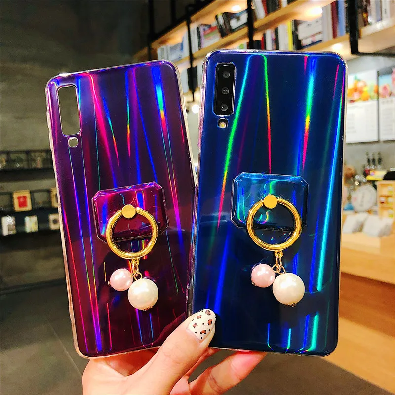 Мягкий силиконовый чехол с блестящим жемчугом и кольцом для удерживания телефона для Samsung J2 J4 J5 J6 J7 Prime, потрясающий лазерный тонкий задний чехол.