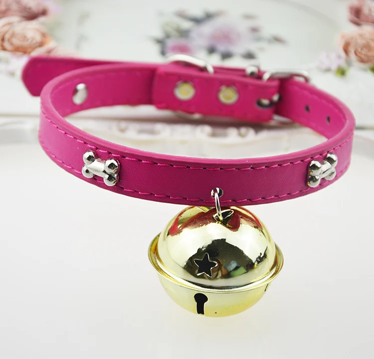 Rose Golden bell Кость ошейники для собак с 4 см большой колокольчик прочный из искусственной кожи с регулируемым размером кости щенок кошачий поводок собачьи ошейники 6 цветов 09 - Цвет: Rose Golden bell