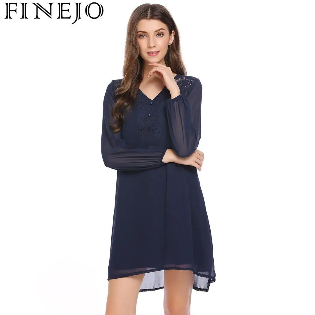 FINEJO Shift Dress Women Autumn Lantern V-Neck Women's Sleeve Lace Chiffon Patchwork Casual Loose Feminina Vestidos | Женская одежда