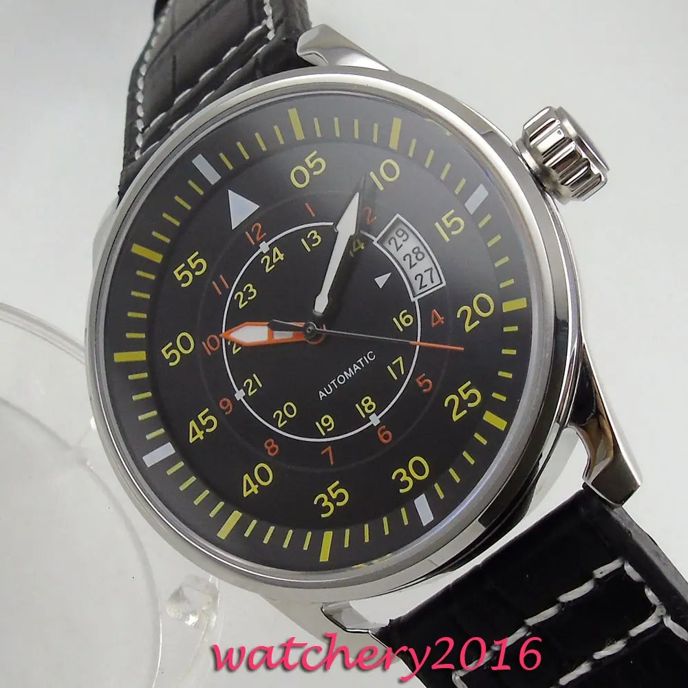Мужские часы из нержавеющей стали с черным циферблатом и желтым 43 мм | Наручные