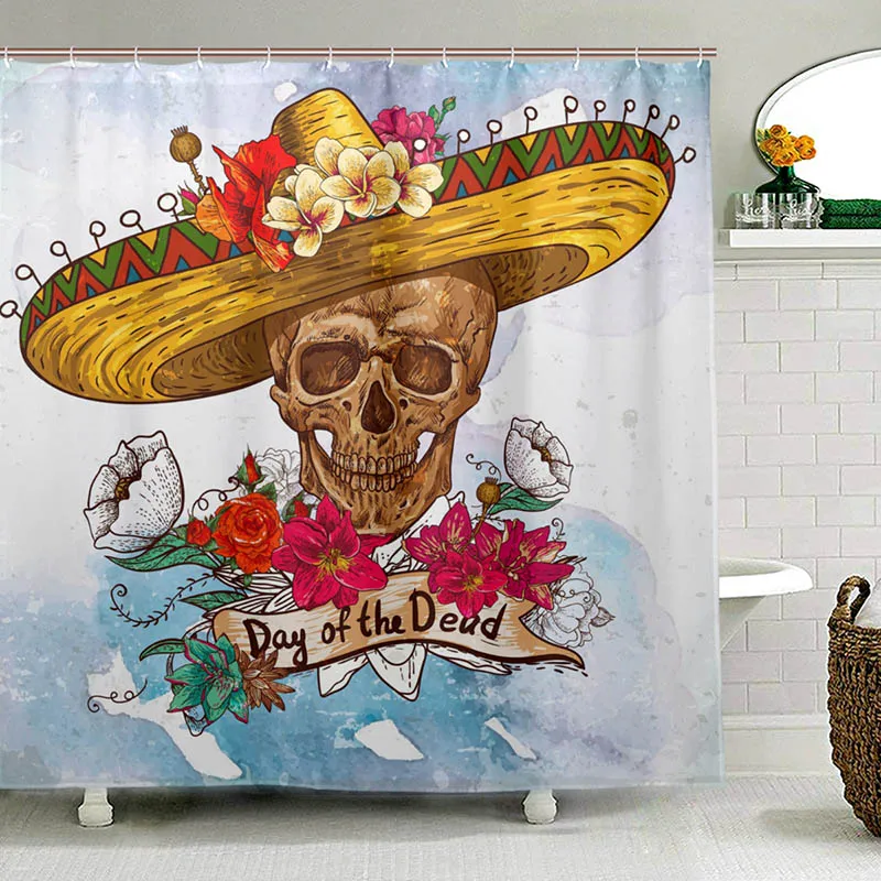 Day of the Dead Shower Curtain Colorful Flower Sugar Skull Waterproof Polyester Fabric Toilet for Bathroom with 12 Hooks | Дом и сад