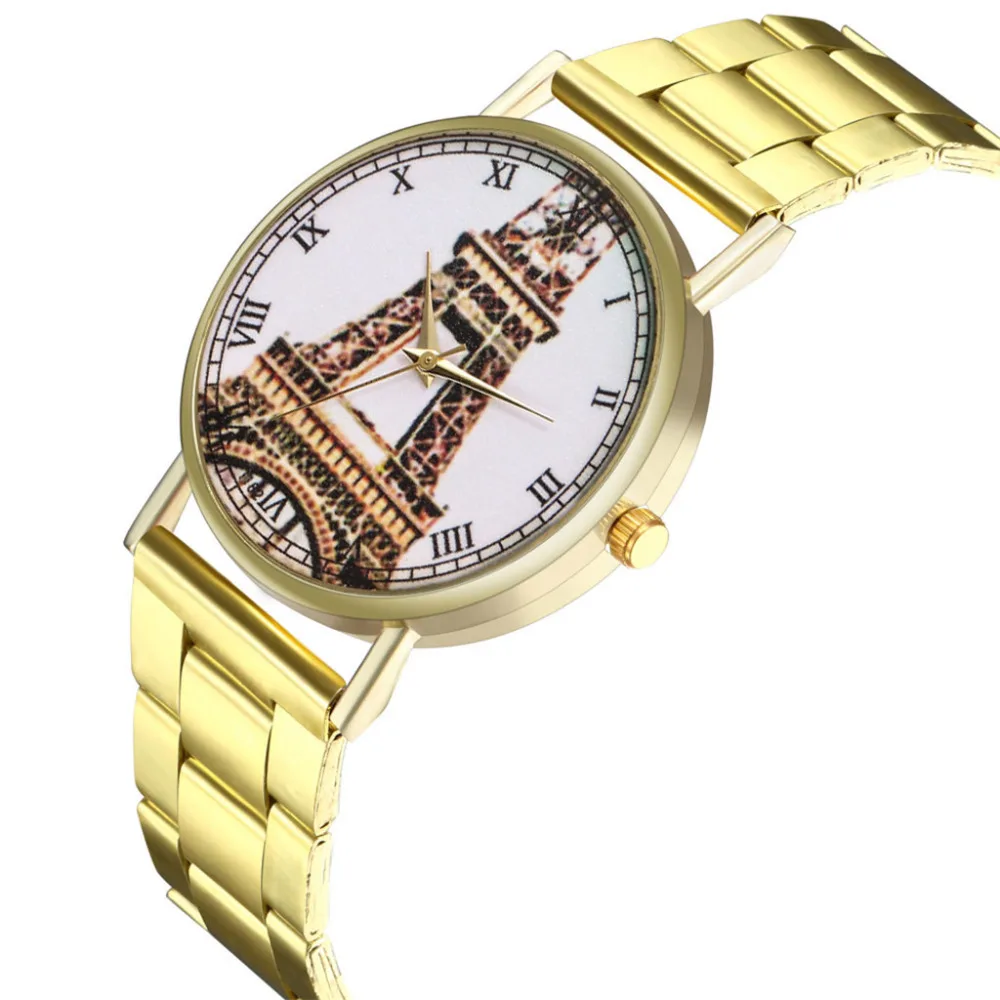 Часы Эйфелева башня Дамы Круглый сталь ремень кварцевые характерные наручные