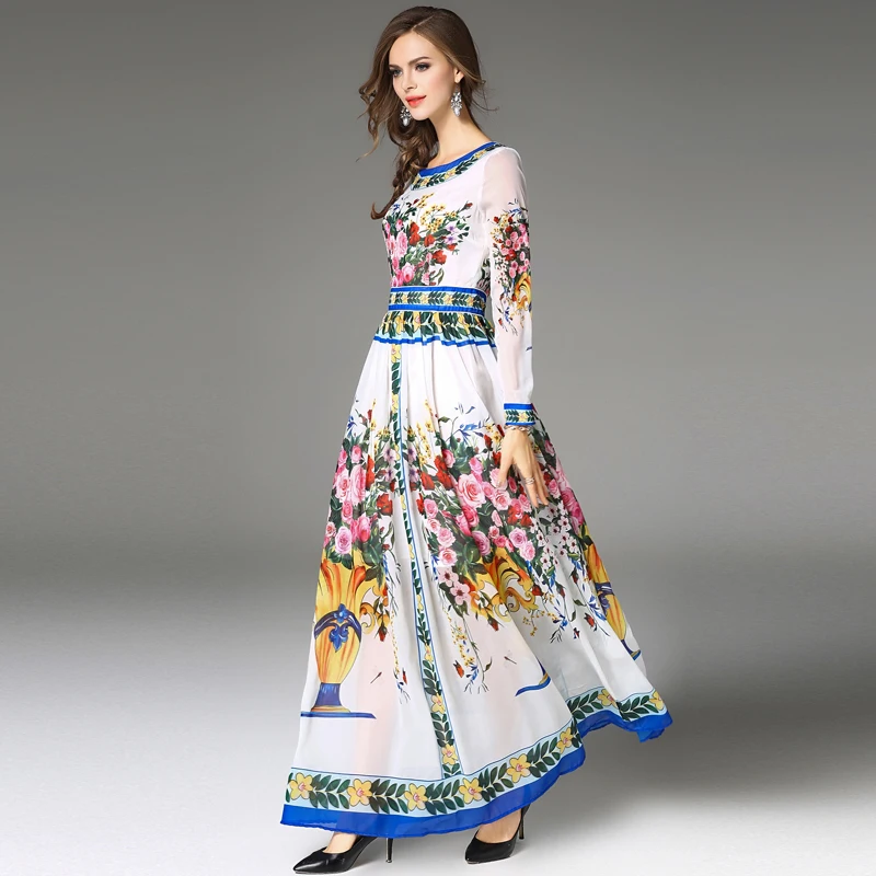 Новинка осени 2018 женское длинное платье в европейском стиле ретро с принтом под