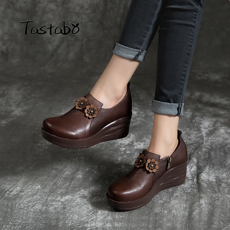 Женские туфли ручной работы Tastabo черные коричневые на плоской подошве с круглым
