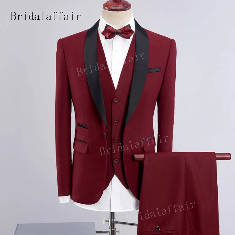 Bridalaffair дизайн мужской розовый смокинг мужской костюм комплект из 3 предметов деловые костюмы для мужчин жениха Свадебные костюмы(Блейзер+ брюки+ жилет - Цвет: Бургундия