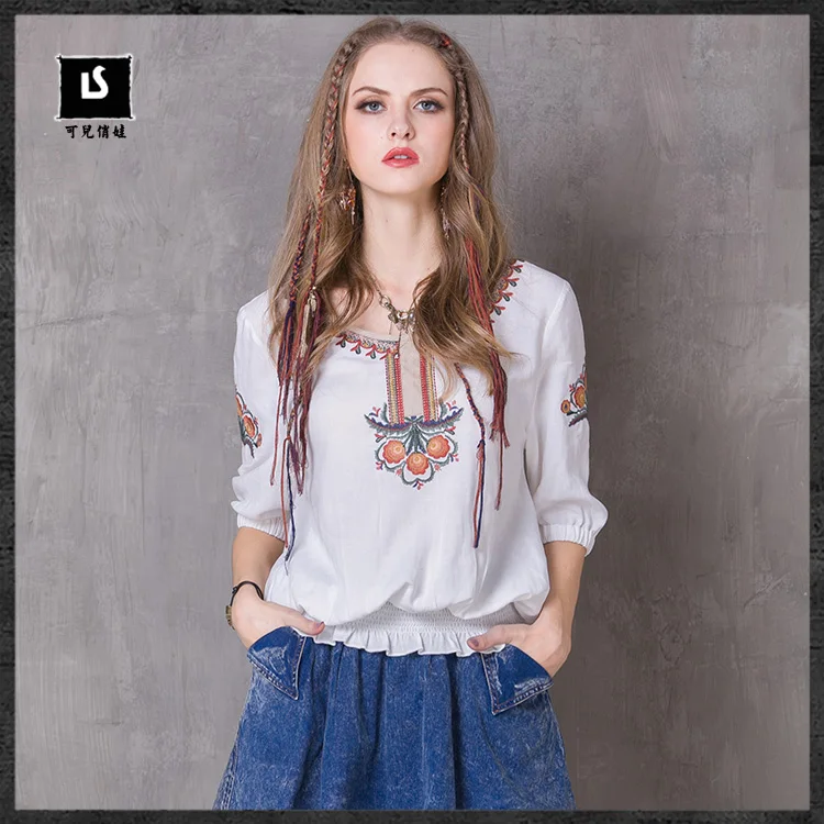 

2017 new Plus size Bohemian style women's vintage shirts embroidery cotton half sleeve classic blouse boho casual tops camisa