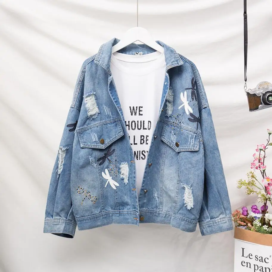 Джинсовая куртка свободного покроя с цветочной вышивкой джинсовая размера плюс