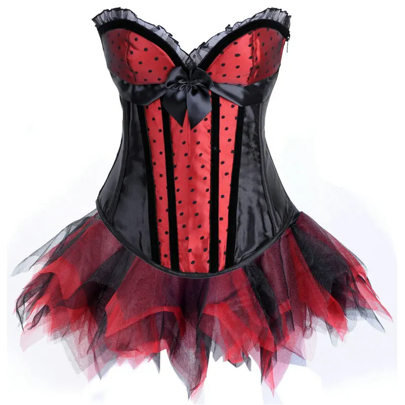 

Black and Red Polka Dot Print Corset with Tutu Skirt ( S M L XL XXL ) Women Satin Zipper Bustier Corselet Dress Sexy Lingerie