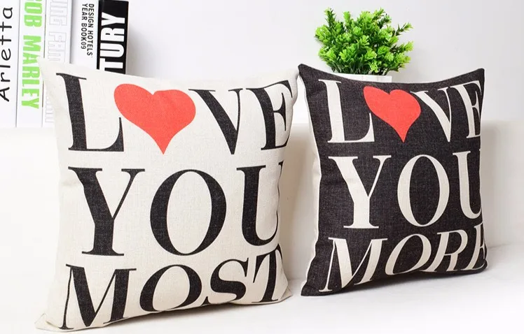 Hot Couple Heart Love You More Most Black White Linen Cotton Cushion Cover Throw Pillow Case Wedding Gift Home Decor 18&quot | Дом и сад