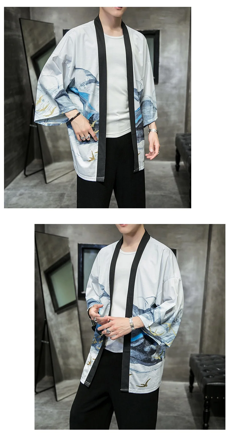 KUANGNAN Wild Goose Print Kimono Men Japanese Kimono Cardigan Harajuku Kimono Shirt Men Streetwear Hawaiian Shirt Men