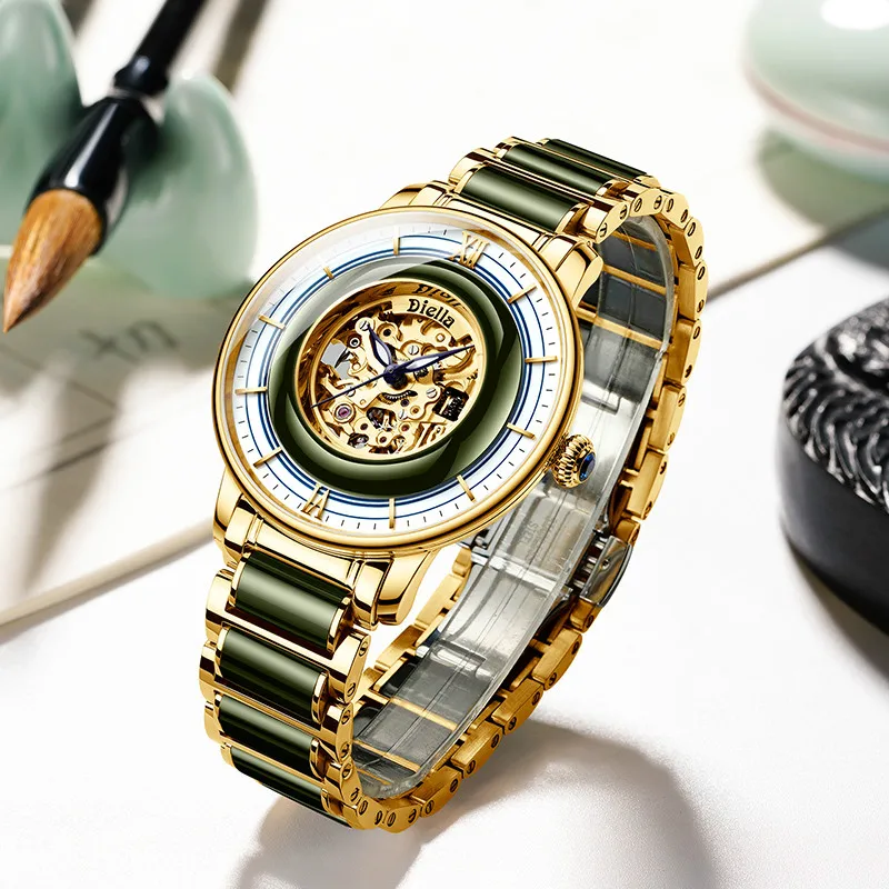 Diella Men's Automatic Mechanical Watch Fashion Trend Green Water Ghost Waterproof Original Natural Jade Hollow Wristwatches Men