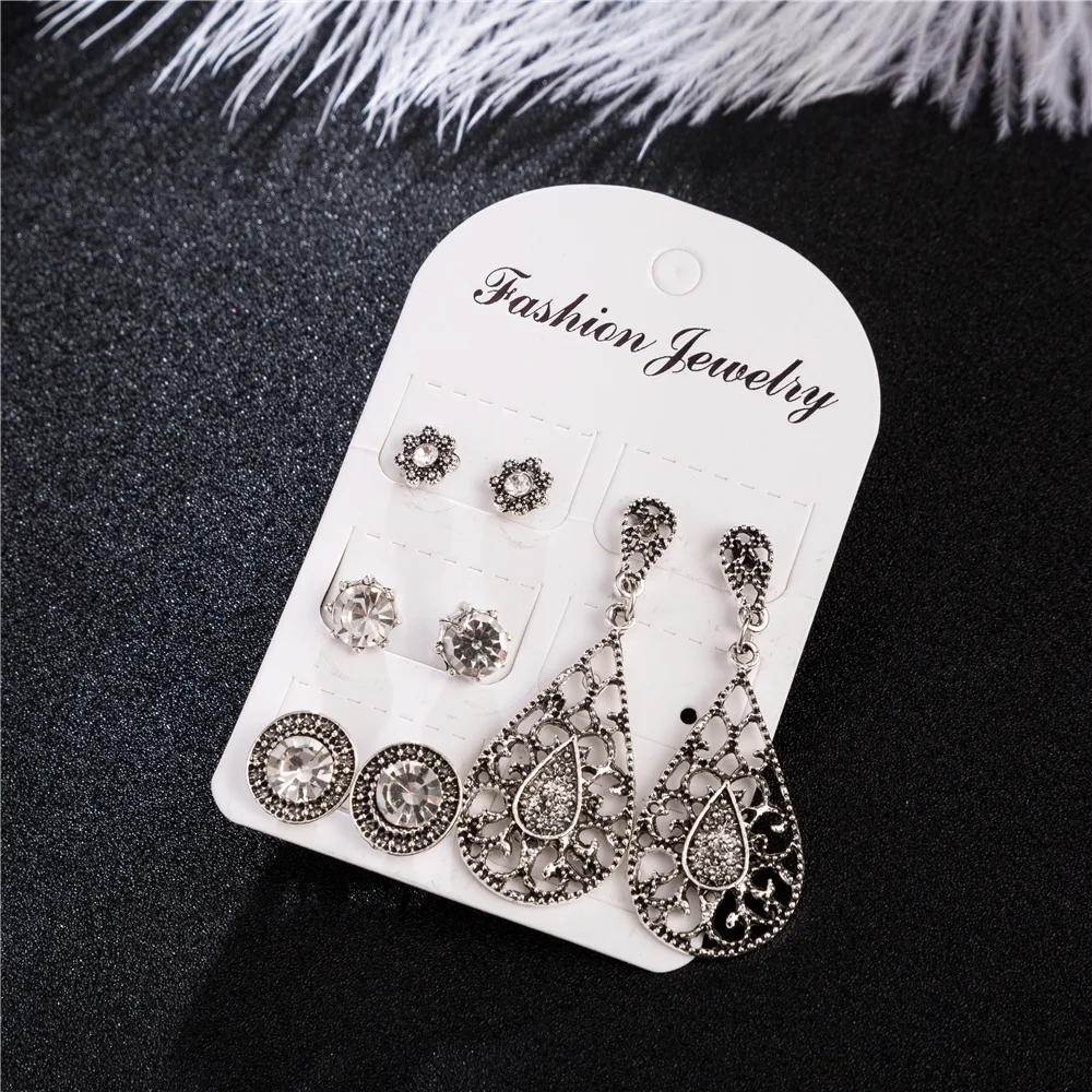 

WNGMNGL 4 Pairs/Set 2018 New Vintage Droplet Round Crystal Gem Hollow Antique Silver color Stud Earrings for Women Jewelry Gift