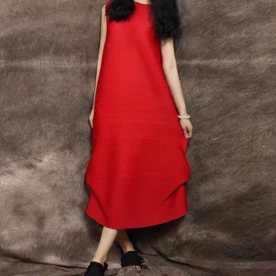 Лидер продаж модное однотонное платье миаке с круглым вырезом и складками без