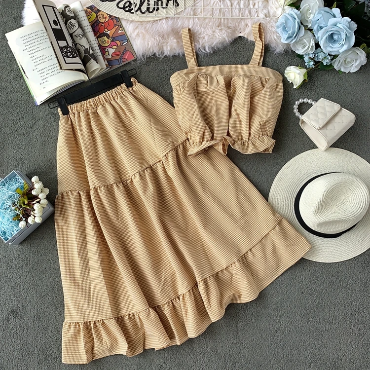 ALPHALMODA/ летний укороченный топ+ юбка трапециевидной формы, женский милый комплект из 2 предметов, куртка и юбка в клетку с высокой талией